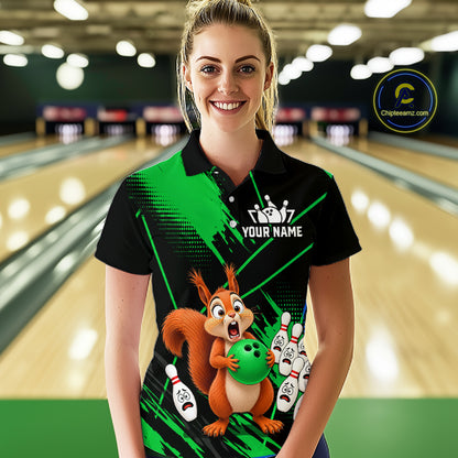 Custom Green Squirrel Bowling Jersey for Women Bowling Team Shirts Bowling Polo & 1/4 Zip HNT301