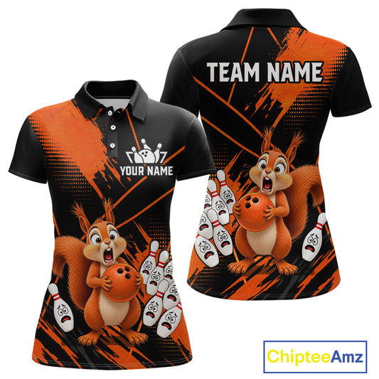 Custom Orange Squirrel Bowling Jersey for Women Bowling Team Shirts Bowling Polo & 1/4 Zip HNT301