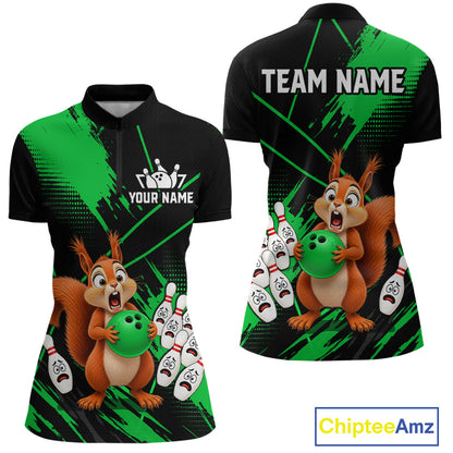 Custom Green Squirrel Bowling Jersey for Women Bowling Team Shirts Bowling Polo & 1/4 Zip HNT301
