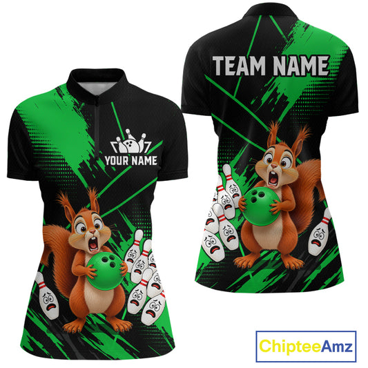 Custom Green Squirrel Bowling Jersey for Women Bowling Team Shirts Bowling Polo & 1/4 Zip HNT301