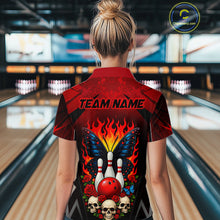 Load image into Gallery viewer, Woman wearing a red and black bowling polo shirt featuring flaming bowling pins, a red bowling ball, a blue butterfly, roses, skulls, and custom team name text.
