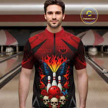 Load image into Gallery viewer, Man wearing a red and black bowling quarter zip shirt featuring flaming bowling pins, a red bowling ball, a blue butterfly, roses, skulls, and custom player name text.