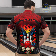 Load image into Gallery viewer, Man wearing a red and black bowling quarter zip shirt featuring flaming bowling pins, a red bowling ball, a blue butterfly, roses, skulls, and custom team name text.