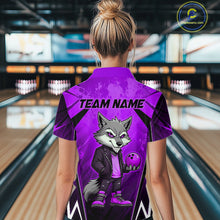 Load image into Gallery viewer, Woman wearing a purple and black bowling polo shirt featuring a gray wolf mascot holding a purple bowling ball, with custom team name text.