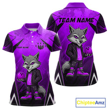 Load image into Gallery viewer, Front and back views of a purple and black bowling polo shirt featuring a gray wolf mascot holding a purple bowling ball, with custom team and player name text.