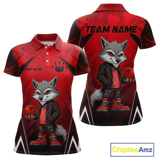 Front and back views of a red and black bowling polo shirt featuring a gray wolf mascot holding a red bowling ball, with custom team and player name text.