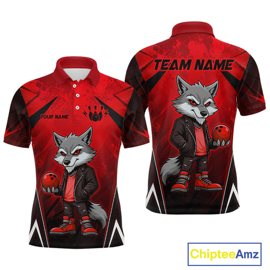 Front and back views of a red and black bowling polo shirt featuring a gray wolf mascot holding a red bowling ball, with custom team and player name text.