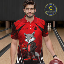 Load image into Gallery viewer, Man wearing a red and black bowling polo shirt featuring a gray wolf mascot holding a red bowling ball, with custom player name text.