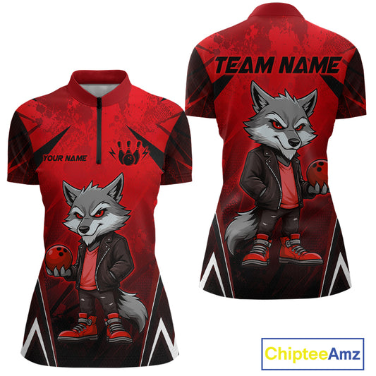 Front and back views of a red and black bowling quarter zip shirt featuring a gray wolf mascot holding a red bowling ball, with custom team and player name text.