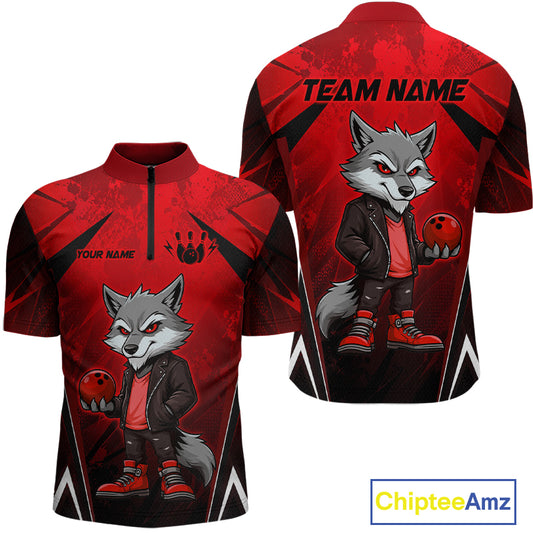 Front and back views of a red and black bowling quarter zip shirt featuring a gray wolf mascot holding a red bowling ball, with custom team and player name text.