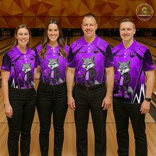Load image into Gallery viewer, Four people wearing purple and black bowling polo shirt featuring a gray wolf mascot holding a purple bowling ball, with custom player name text.