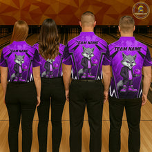 Load image into Gallery viewer, Four people wearing purple and black bowling polo shirt featuring a gray wolf mascot holding a purple bowling ball, with custom team name text.