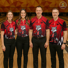 Load image into Gallery viewer, Four people wearing red and black bowling polo shirt featuring a gray wolf mascot holding a red bowling ball, with custom player name text.
