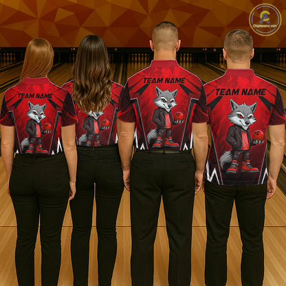 Four people wearing red and black bowling polo shirt featuring a gray wolf mascot holding a red bowling ball, with custom team name text.