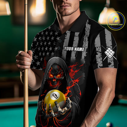 Custom US Skull 9 Ball Billiard Shirts for Men Billiard Team Shirts Billiard League Polo & 1/4 Zip NNT94