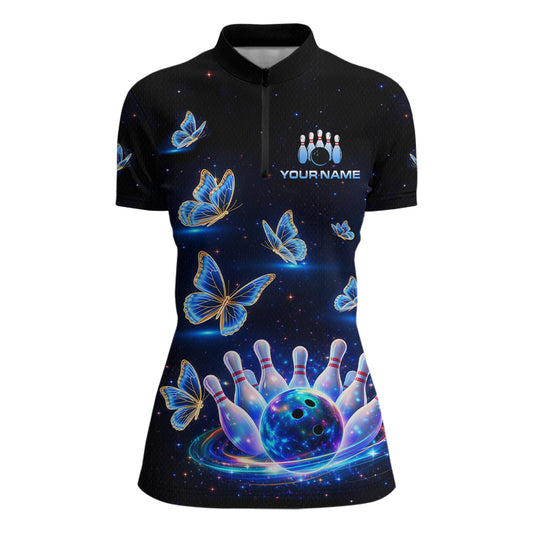 Custom Galaxy Butterflies Bowling Jersey for Women Bowling Tournament Polo & 1/4 Zip Bowling Team Shirts HNT211