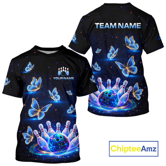 Black t-shirt with colorful butterfly and bowling design, 'Team Name' and 'Your Name' text space, ChipteeAmz branding.