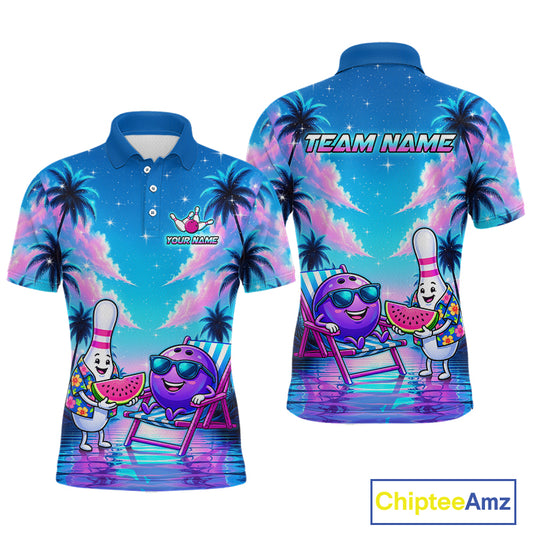 Front and back view personalized bowling polo shirt with bowling characters arranged within a tropical sunset scene with palm trees and ocean details.
