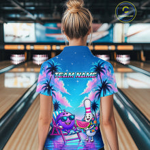 Load image into Gallery viewer, Women wearing personalized bowling polo shirt with bowling characters arranged within a tropical sunset scene with palm trees and ocean details.