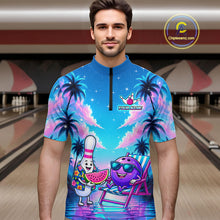 Load image into Gallery viewer, Men wearing personalized bowling quarter zip shirt with bowling characters arranged within a tropical sunset scene with palm trees and ocean details.