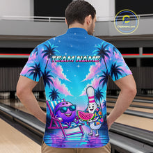 Load image into Gallery viewer, Men wearing personalized bowling quarter zip shirt with bowling characters arranged within a tropical sunset scene with palm trees and ocean details.