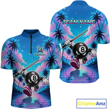 Load image into Gallery viewer, Front and back view personalized billiards quarter zip shirt with an eight ball character moving through a tropical scene with palm trees and sunset reflections.