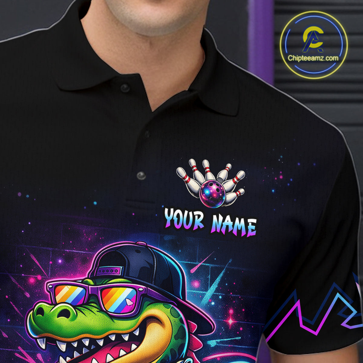 Custom Neon Funny Alligator Bowling Jersey for Men Bowling Tournament Polo & 1/4 Zip Bowling Team Shirts HNT219