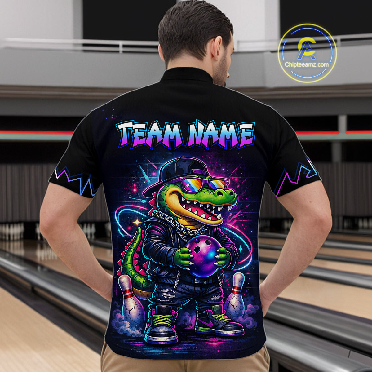 Custom Neon Funny Alligator Bowling Jersey for Men Bowling Tournament Polo & 1/4 Zip Bowling Team Shirts HNT219