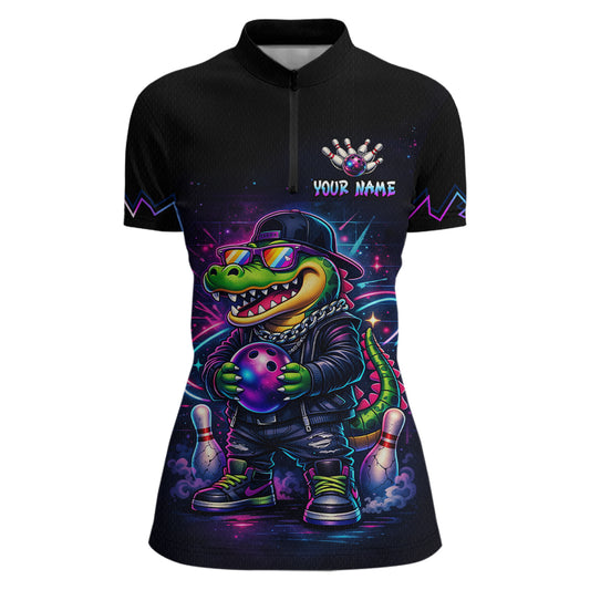 Custom Neon Funny Alligator Bowling Jersey for Women Bowling Tournament Polo & 1/4 Zip Bowling Team Shirts HNT219