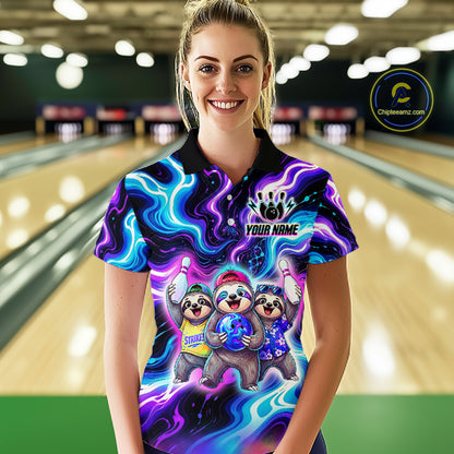 Custom Funny Sloth Bowling Jersey for Women Purple Blue Neon Bowling Team Shirts Bowling League HNT307