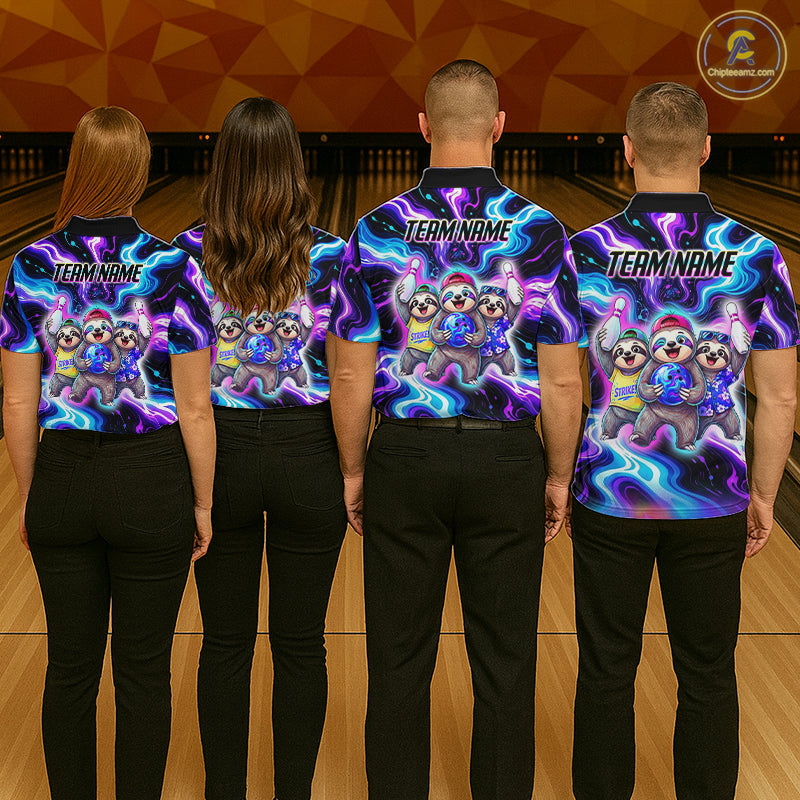 Custom Funny Sloth Bowling Jersey for Women Purple Blue Neon Bowling Team Shirts Bowling League HNT307