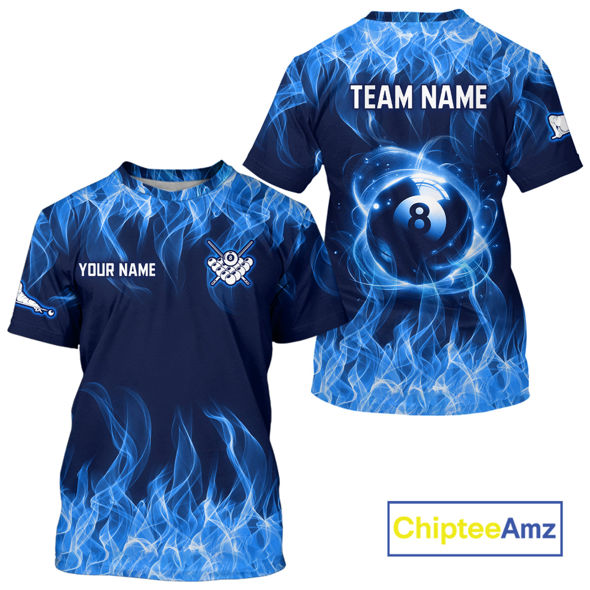 Blue and black billiard jersey with flame design, customizable text, and ChipteeAmz branding.