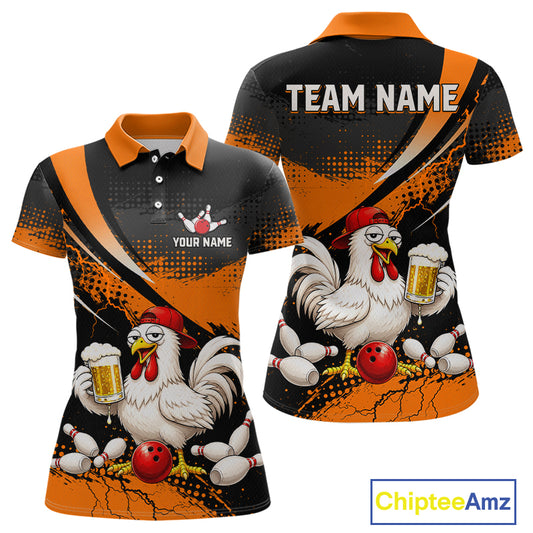 Front and back views of a orange and black bowling polo featuring a chicken holding a beer mug, red bowling ball, scattered pins, and custom team text.