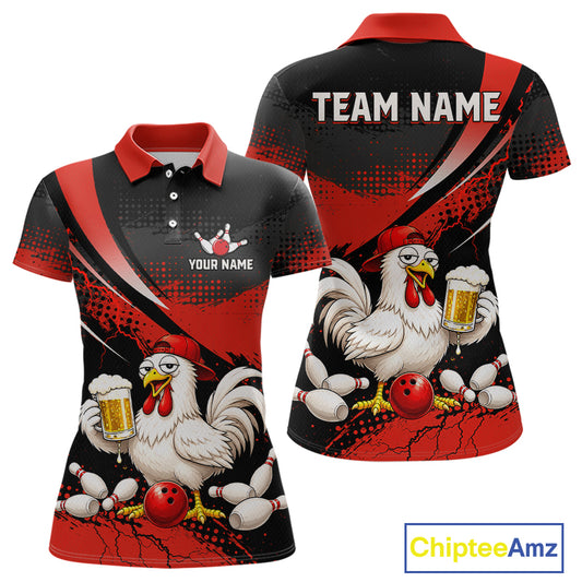 Front and back views of a red and black bowling polo featuring a chicken holding a beer mug, red bowling ball, scattered pins, and custom team text.