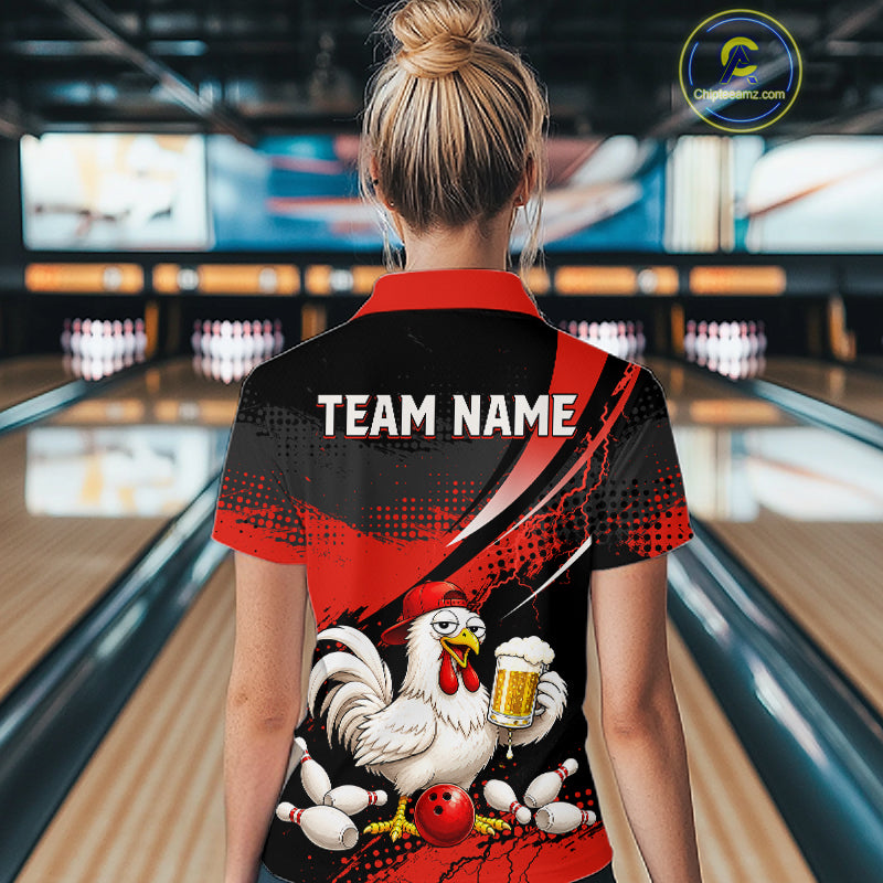 Woman wearing a red and black bowling polo featuring a chicken holding a beer mug, red bowling ball, scattered pins, and custom team name text.