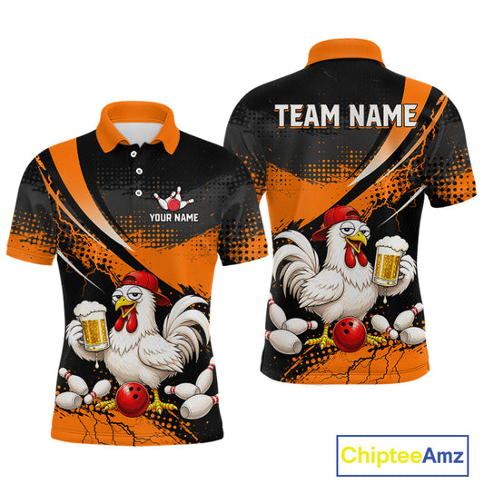 Front and back views of a orange and black bowling polo featuring a chicken holding a beer mug, red bowling ball, scattered pins, and custom team text.