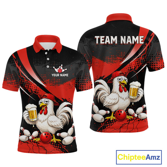 Front and back views of a red and black bowling polo featuring a chicken holding a beer mug, red bowling ball, scattered pins, and custom team text.