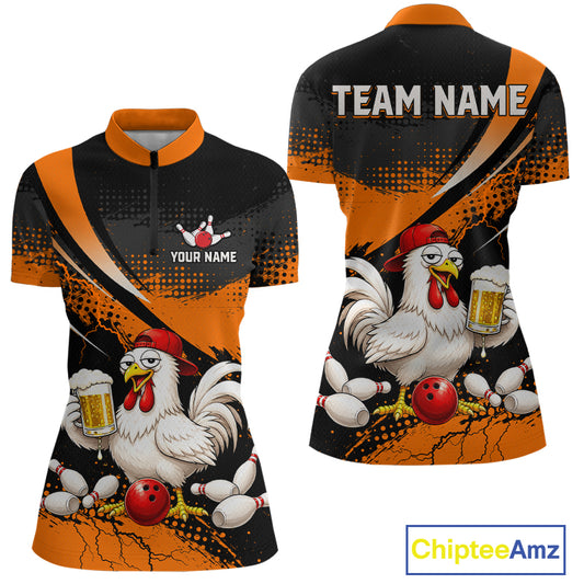 Front and back views of a orange and black bowling quarter zip featuring a chicken holding a beer mug, red bowling ball, scattered pins, and custom team text.