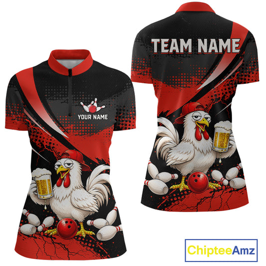 Front and back views of a red and black bowling quarter zip featuring a chicken holding a beer mug, red bowling ball, scattered pins, and custom team text.