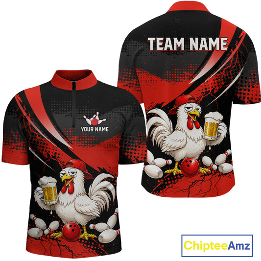 Front and back views of a red and black bowling quarter zip featuring a chicken holding a beer mug, red bowling ball, scattered pins, and custom team text.