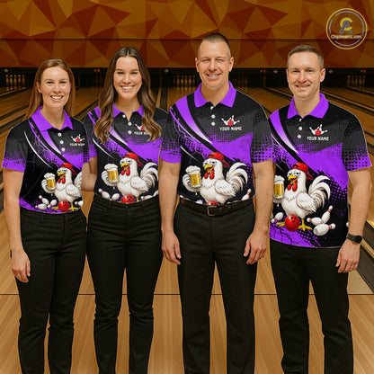 Four people wearing purple and black bowling polo featuring a chicken holding a beer mug, red bowling ball, scattered pins, and custom your name text.