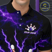 Load image into Gallery viewer, Personalized bowling polo with purple lightning framing a bowling ball and pins beneath team and player names