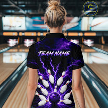 Load image into Gallery viewer, Women wearing personalized bowling polo with purple lightning framing a bowling ball and pins beneath team and player names