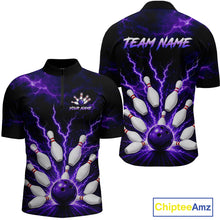 Load image into Gallery viewer, Front and back personalized bowling quarter zip with purple lightning framing a bowling ball and pins beneath team and player names