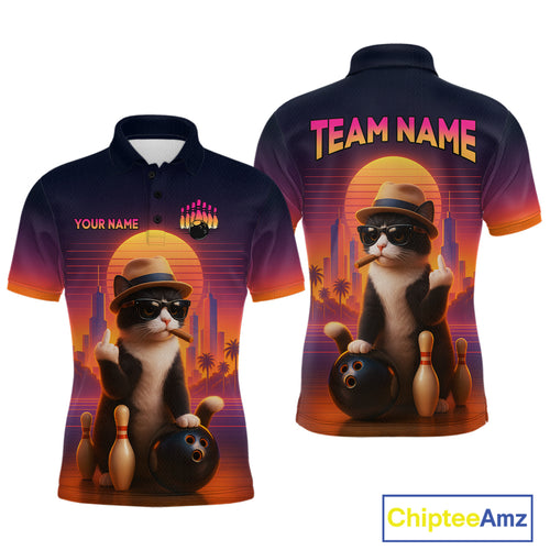 Custom Funny Cat Bowling Jersey for Men Bowling Uniform Polo & 1/4 Zip Bowling Team Shirts HNT114