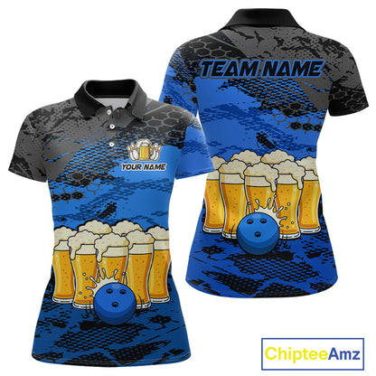 Custom Blue Beer Bowling Shirts for Women Bowling Team Jersey Bowling League Polo & 1/4 Zip HNT493