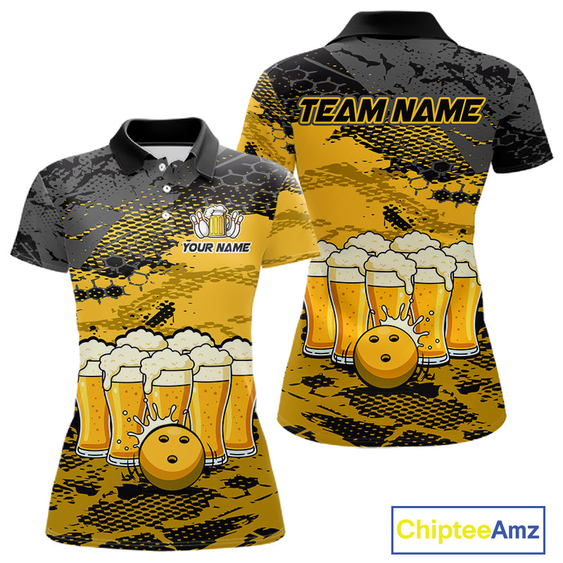 Custom Yellow Beer Bowling Shirts for Women Bowling Team Jersey Bowling League Polo & 1/4 Zip HNT493