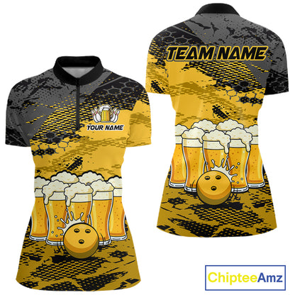 Custom Yellow Beer Bowling Shirts for Women Bowling Team Jersey Bowling League Polo & 1/4 Zip HNT493