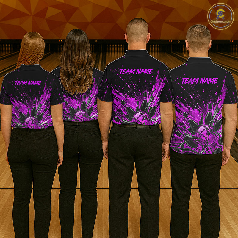 Personalized Purple Bowling Jerseys For Men, Custom Bowling Team Shirts Bowling Pin And Ball HNT494