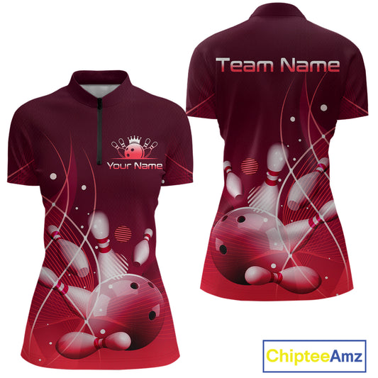 Custom Red Bowling Jersey for Women Bowling Uniform Bowling Team Shirts Polo & 1/4 Zip HNT168